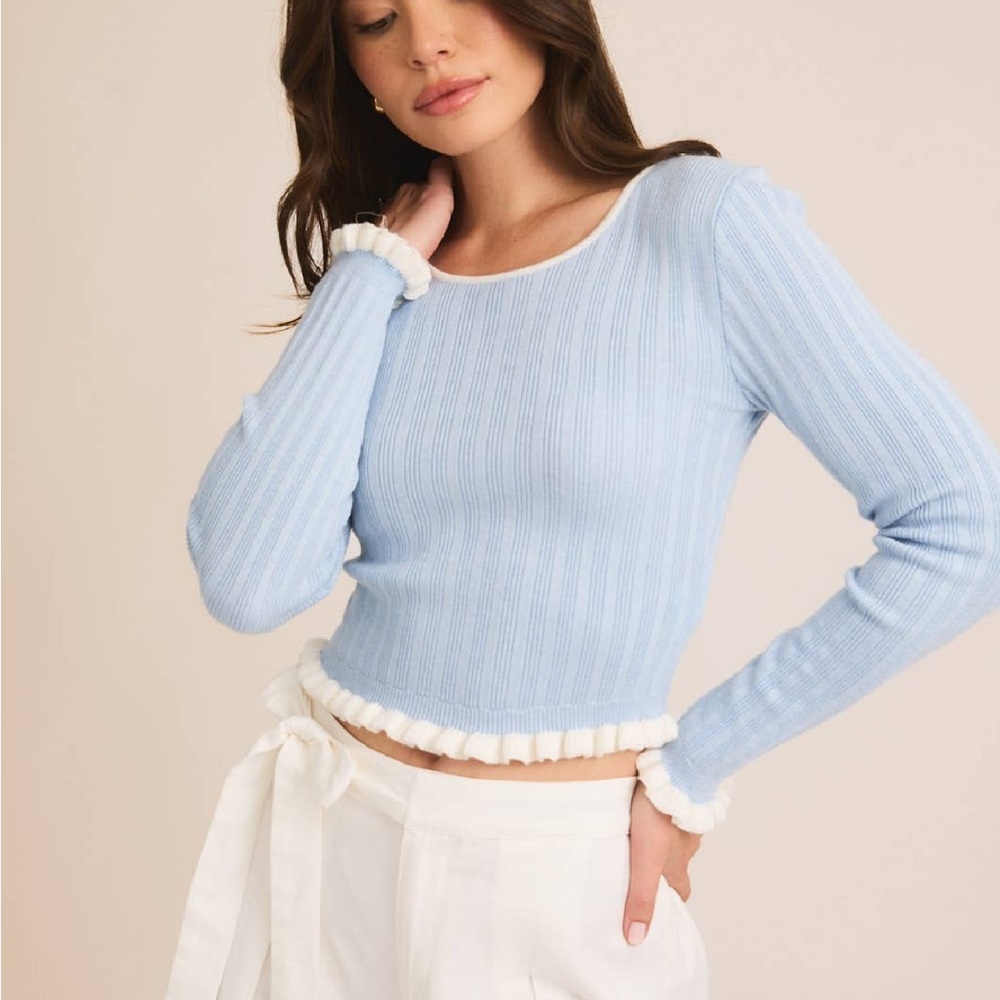 Gilli Light Blue Ribbed Blouse with White Trim